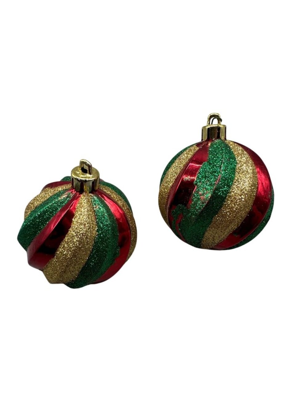 Set Of 2 Christmas Ornament Balls Red Green & Gold Glitter Swirl Design READ